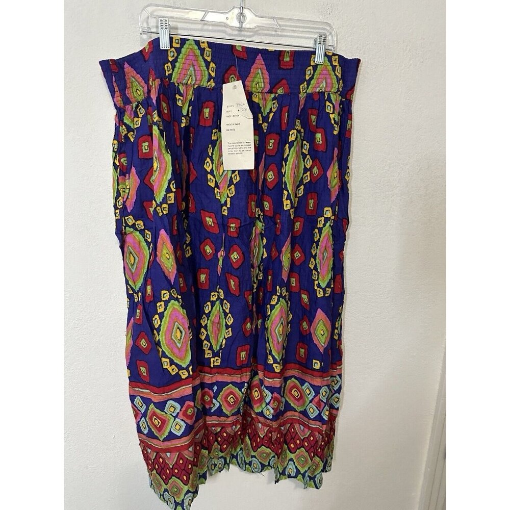 Vintage Basic Instinct Blue Paisley Pattern Stretch Waist Rayon Skirt Size 2XL